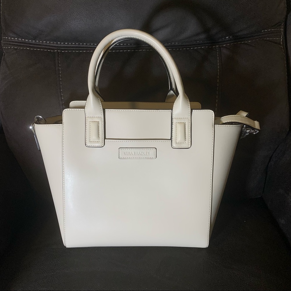 Vera Bradley Off White Leather Satchel with Detachable Long Strap